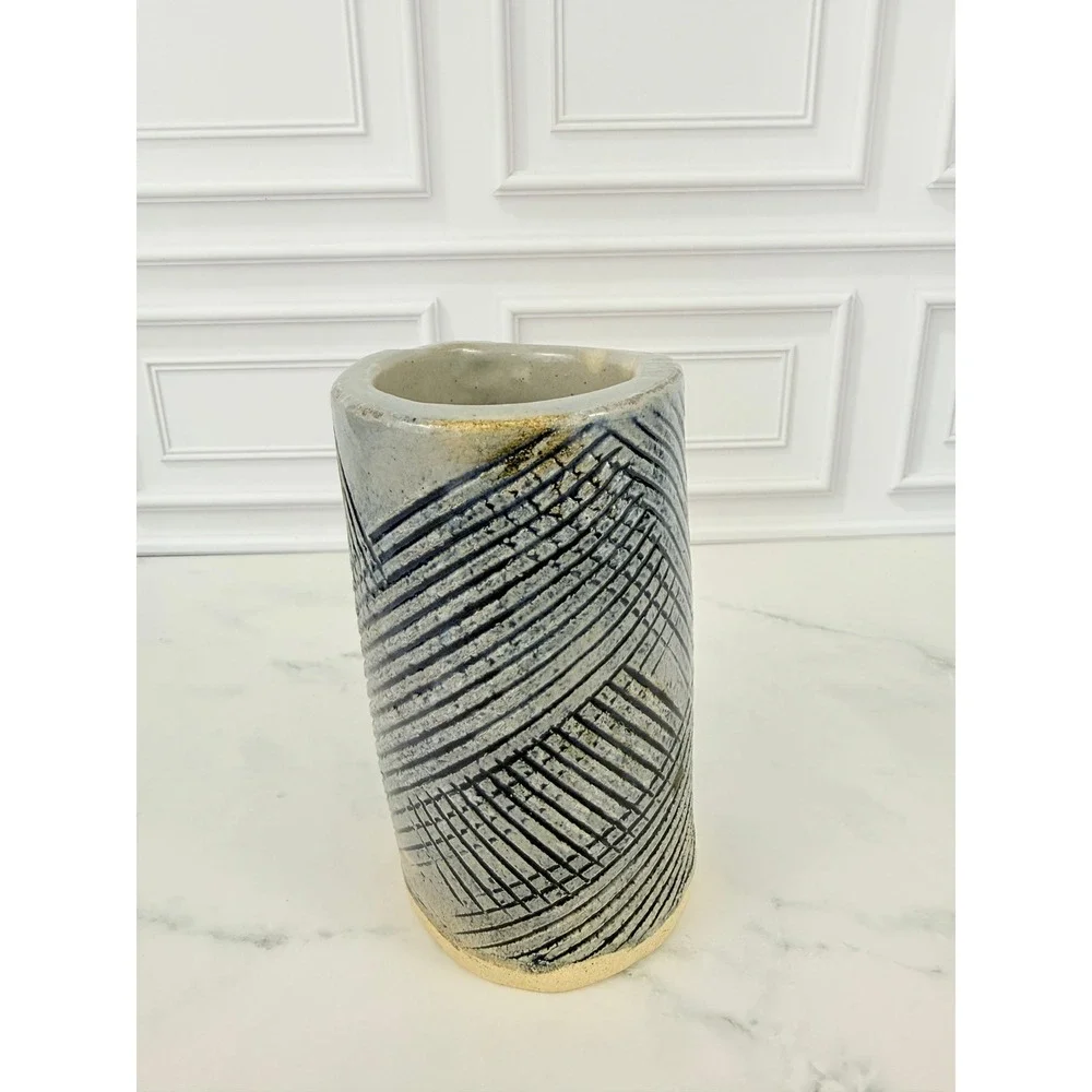 VTG Studio Pottery Vase Blue Heavy Slab Style Geometric Design 5 1/2